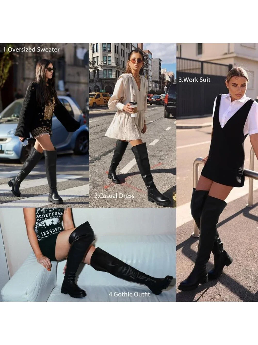 Women's Black Platform Slouch Lug Sole Low Chunky Heel Over The Knee High Boots